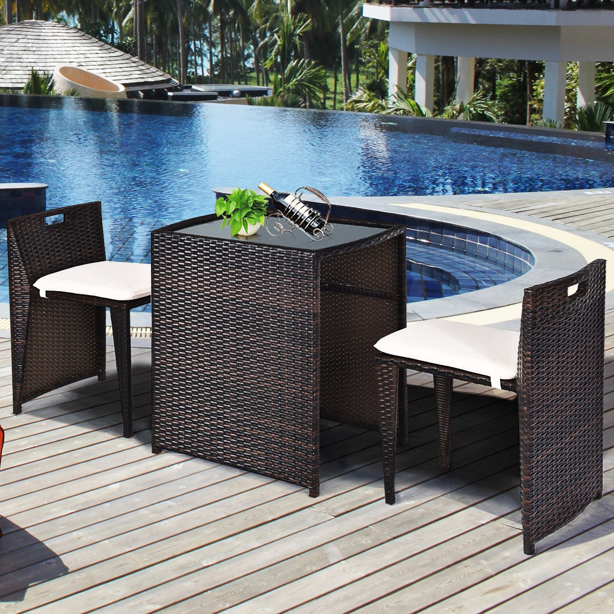 3 Pieces Cushioned Outdoor Wicker Patio Set with No Assembly Needed