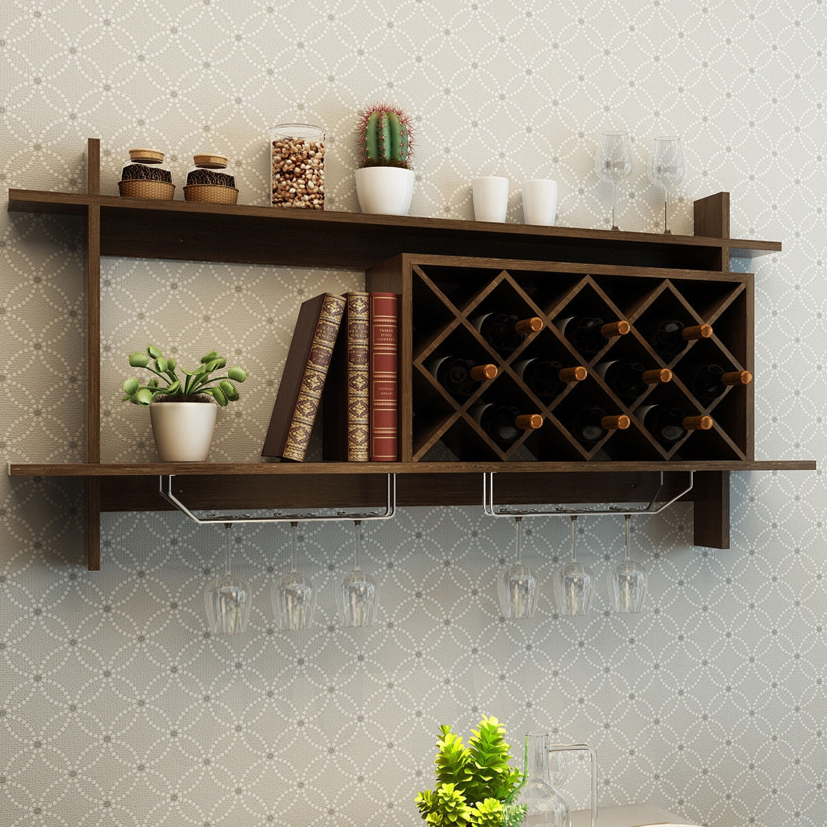 Wall Mount Wine Rack with Glass Holder & Storage Shelf-WalnutÂ 