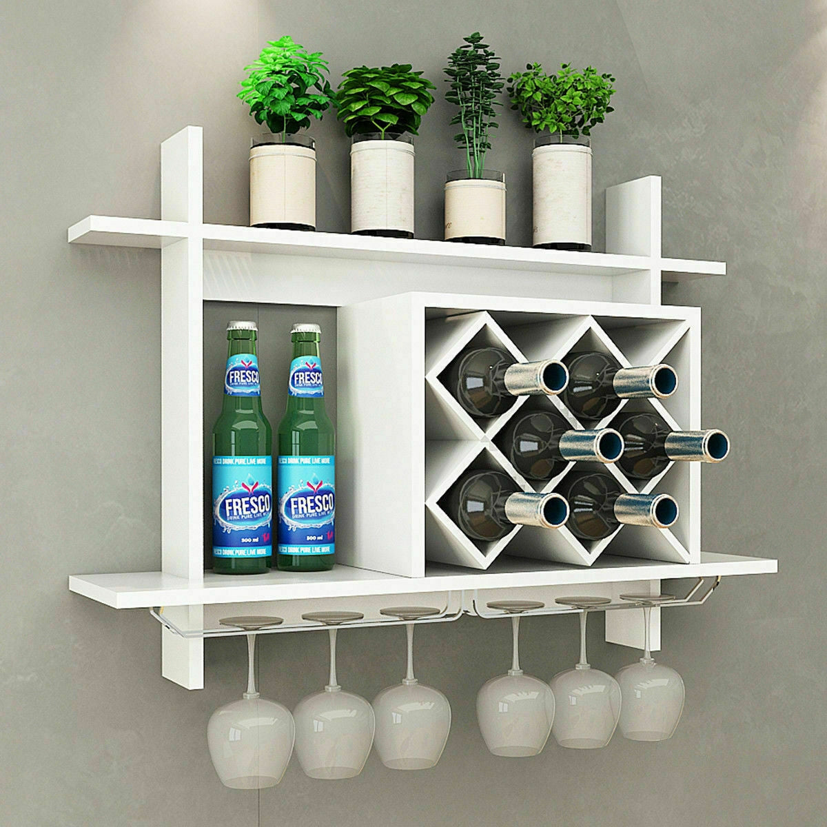 Household Wall Mount Wine Rack Organizer with Glass Holder Storage ShelfÂ 