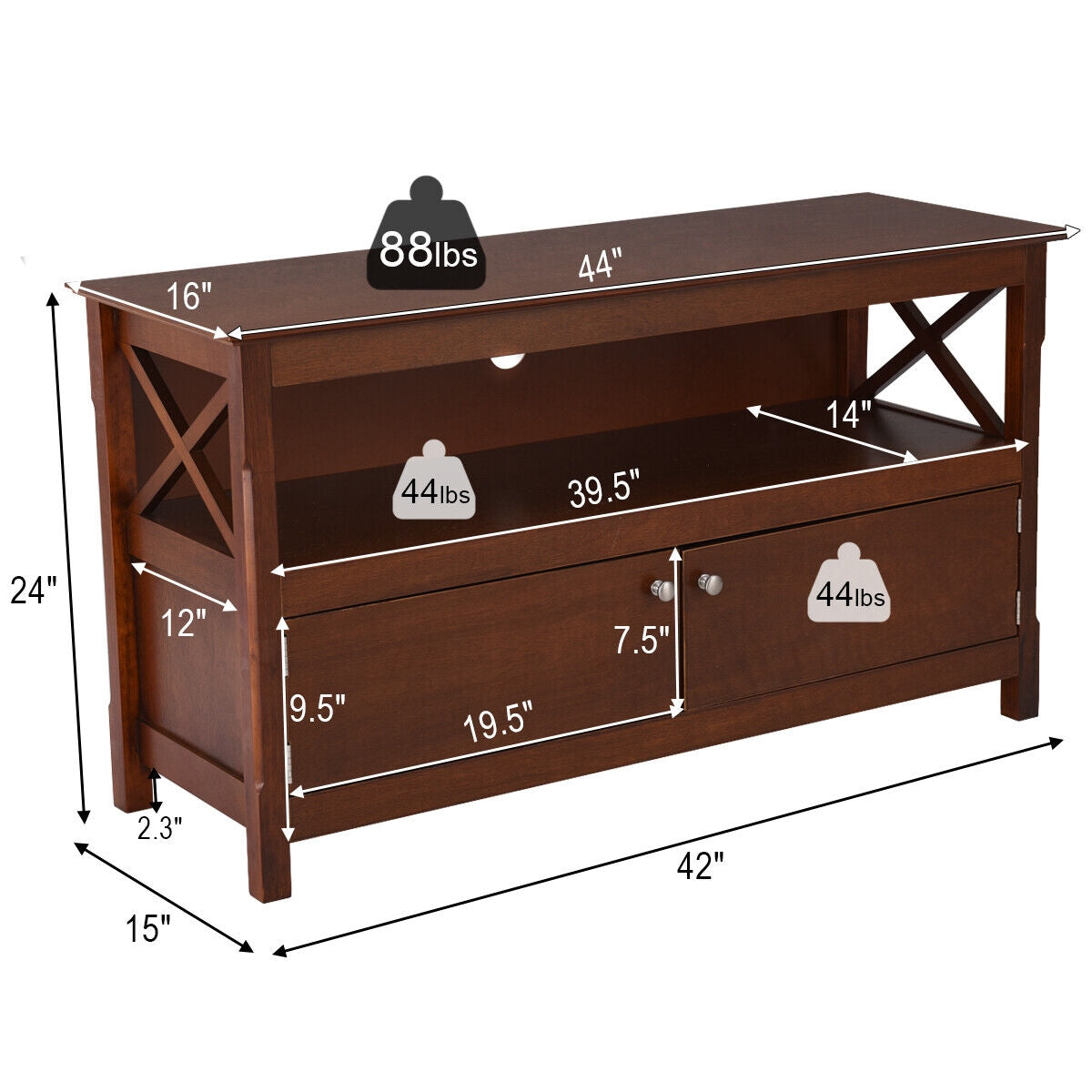 44 Inch Wooden Storage Cabinet TV Stand