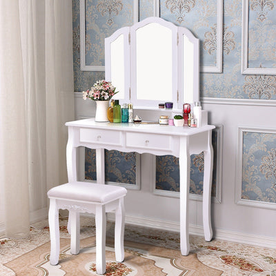 Tri Folding Mirror Vanity Table Stool Set with 4 Drawers and Cushioned Stool-WhiteÂ 
