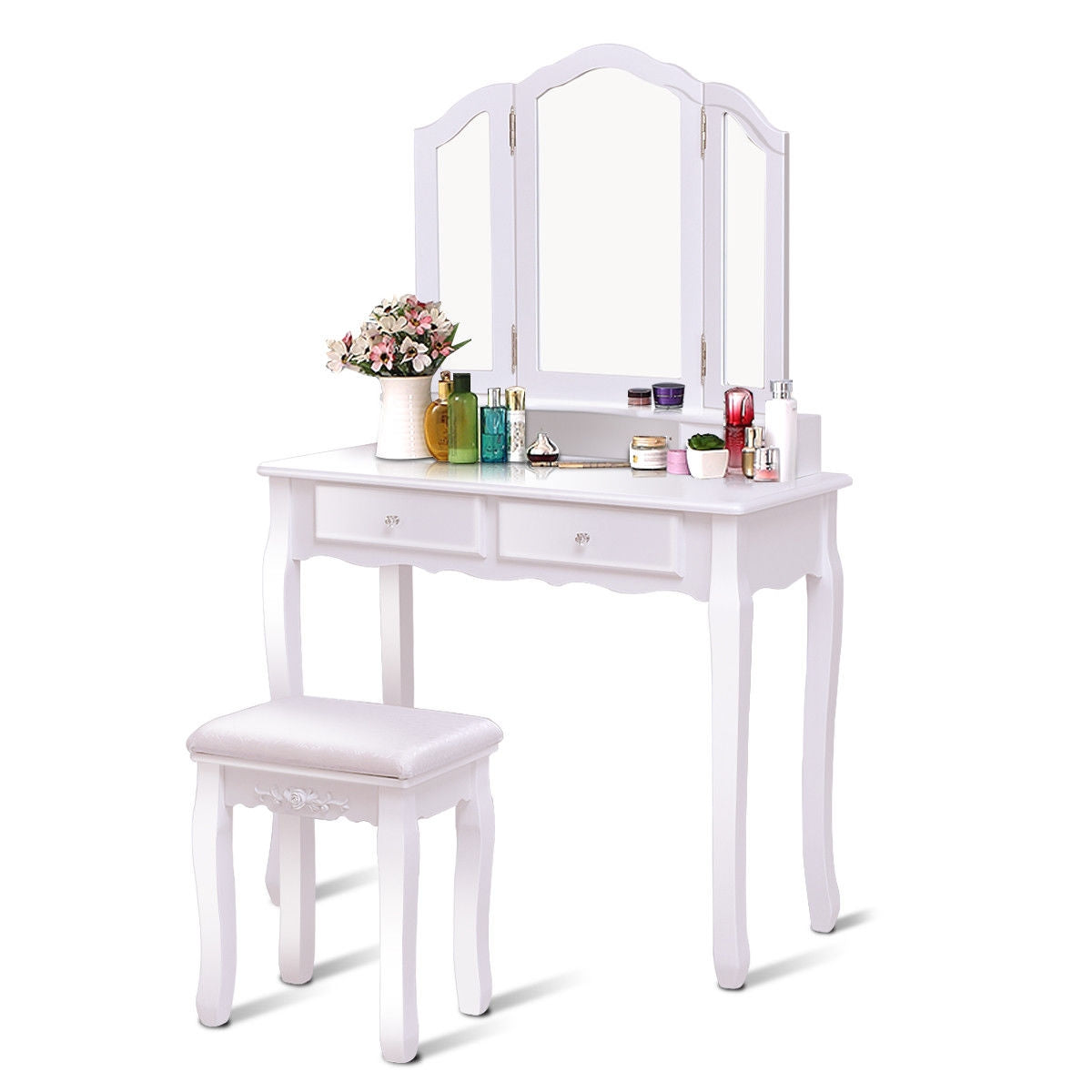 Tri Folding Mirror Vanity Table Stool Set with 4 Drawers and Cushioned Stool-White