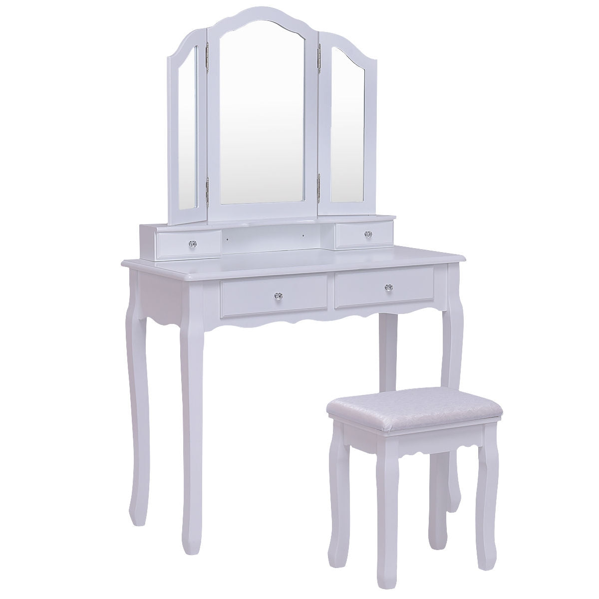 Tri Folding Mirror Vanity Table Stool Set with 4 Drawers and Cushioned Stool-White