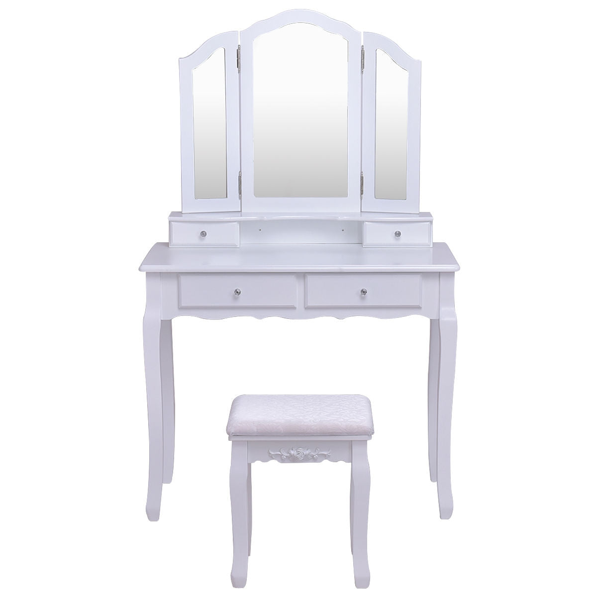 Tri Folding Mirror Vanity Table Stool Set with 4 Drawers and Cushioned Stool-White