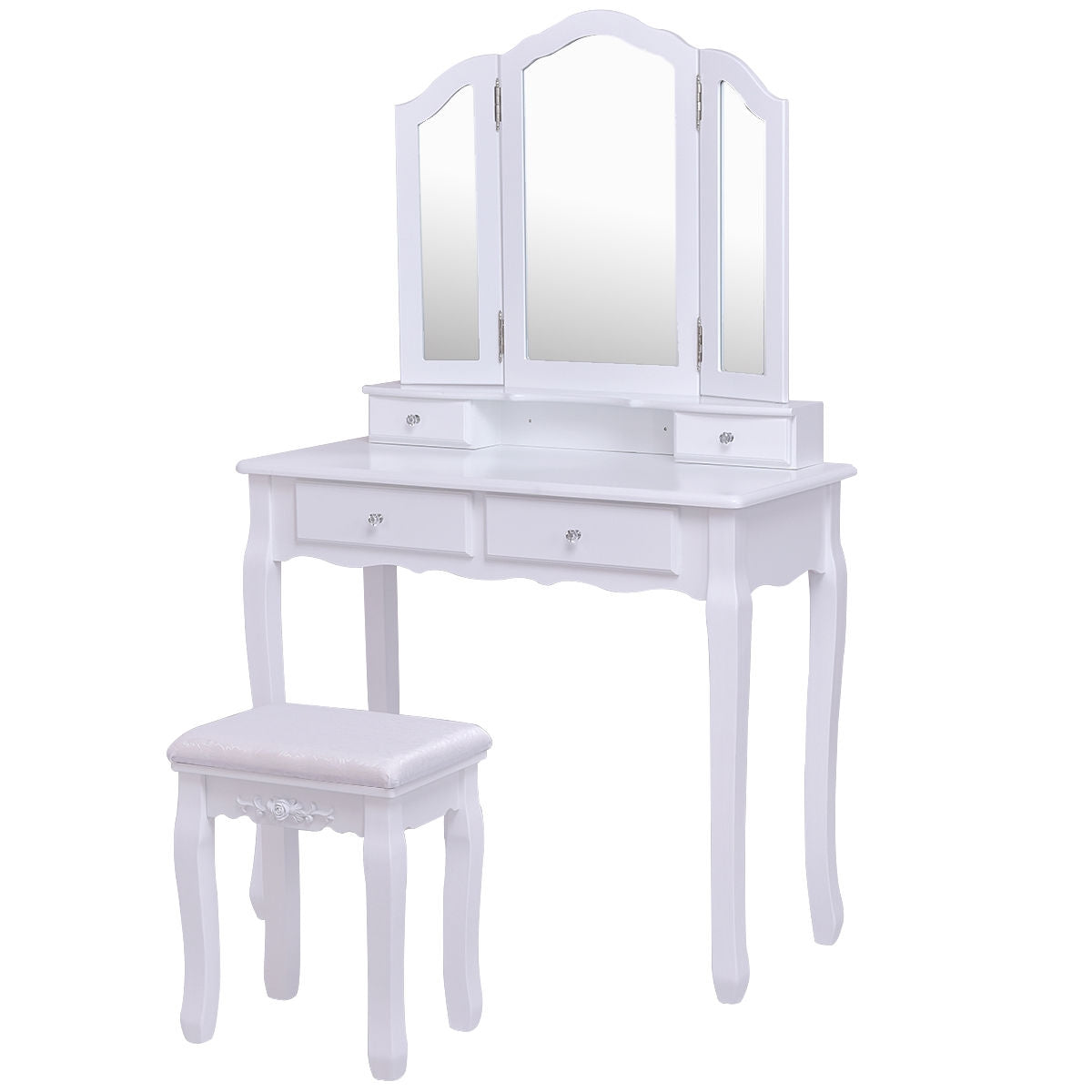 Tri Folding Mirror Vanity Table Stool Set with 4 Drawers and Cushioned Stool-White