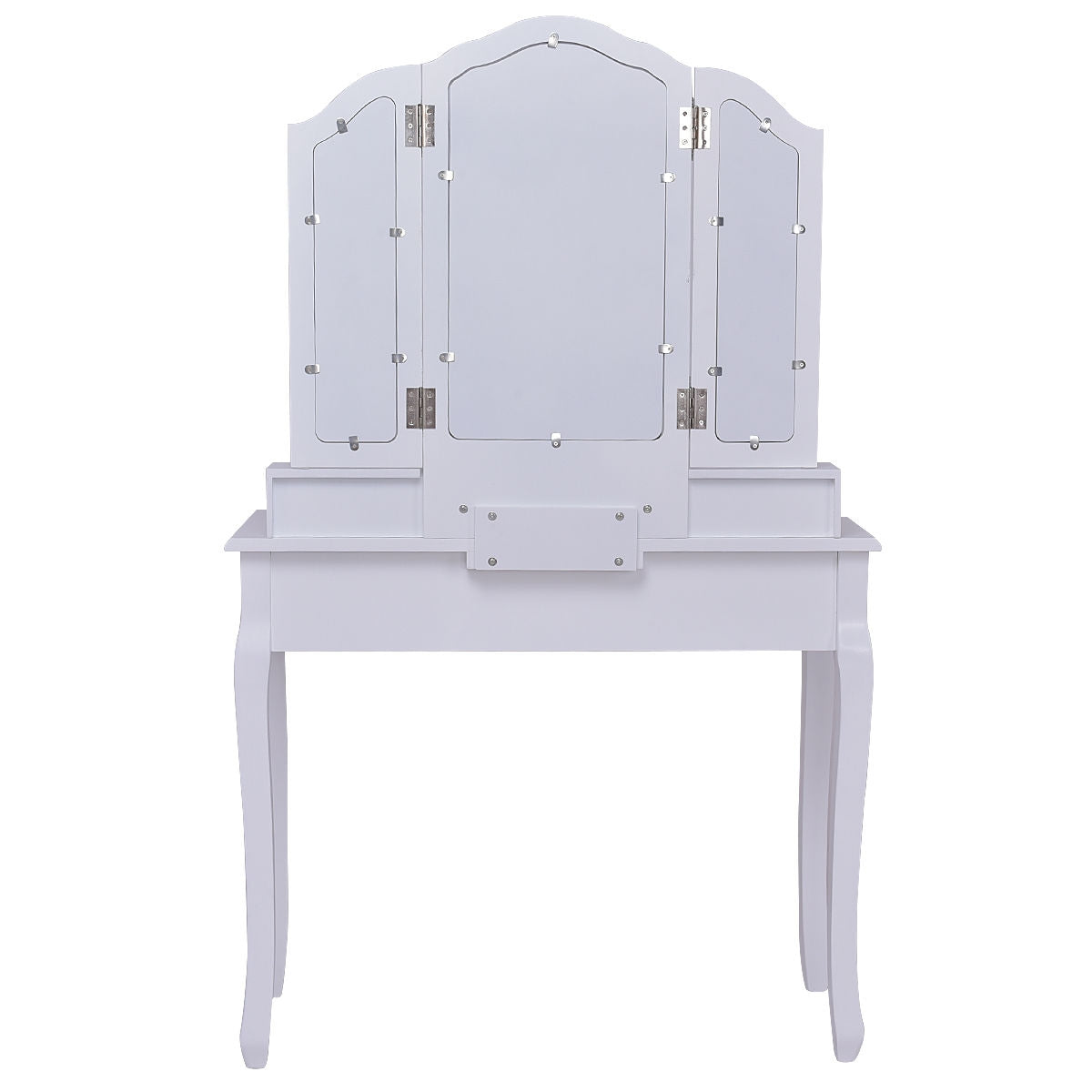 Tri Folding Mirror Vanity Table Stool Set with 4 Drawers and Cushioned Stool-White