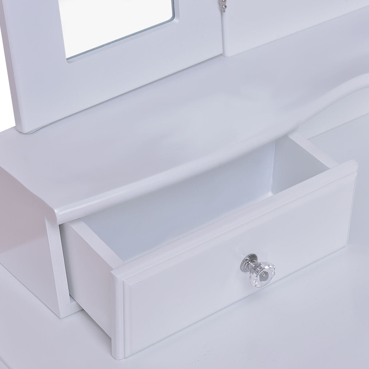 Tri Folding Mirror Vanity Table Stool Set with 4 Drawers and Cushioned Stool-White