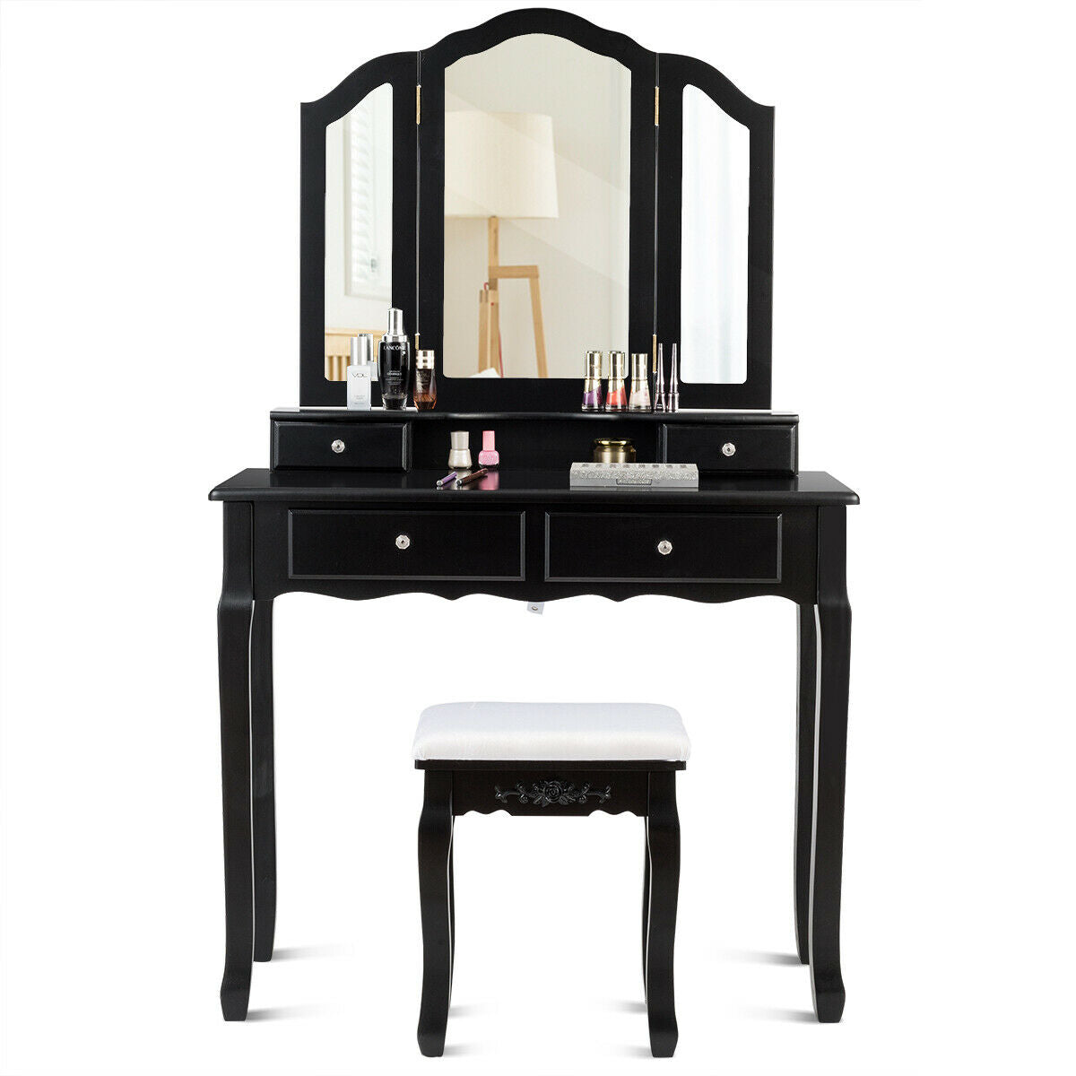 Tri Folding Mirror Vanity Table Stool Set with 4 Drawers and Cushioned Stool-Black