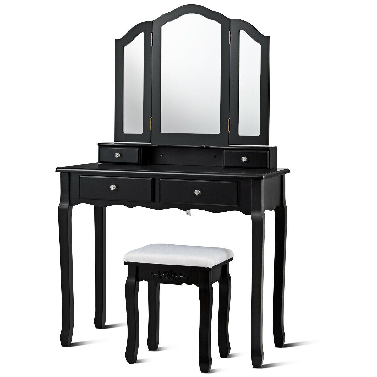 Tri Folding Mirror Vanity Table Stool Set with 4 Drawers and Cushioned Stool-Black