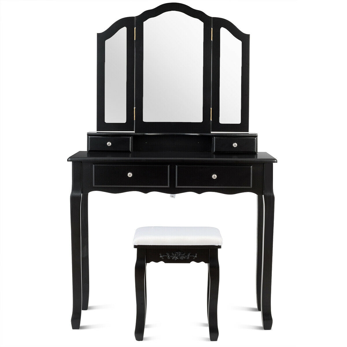 Tri Folding Mirror Vanity Table Stool Set with 4 Drawers and Cushioned Stool-Black