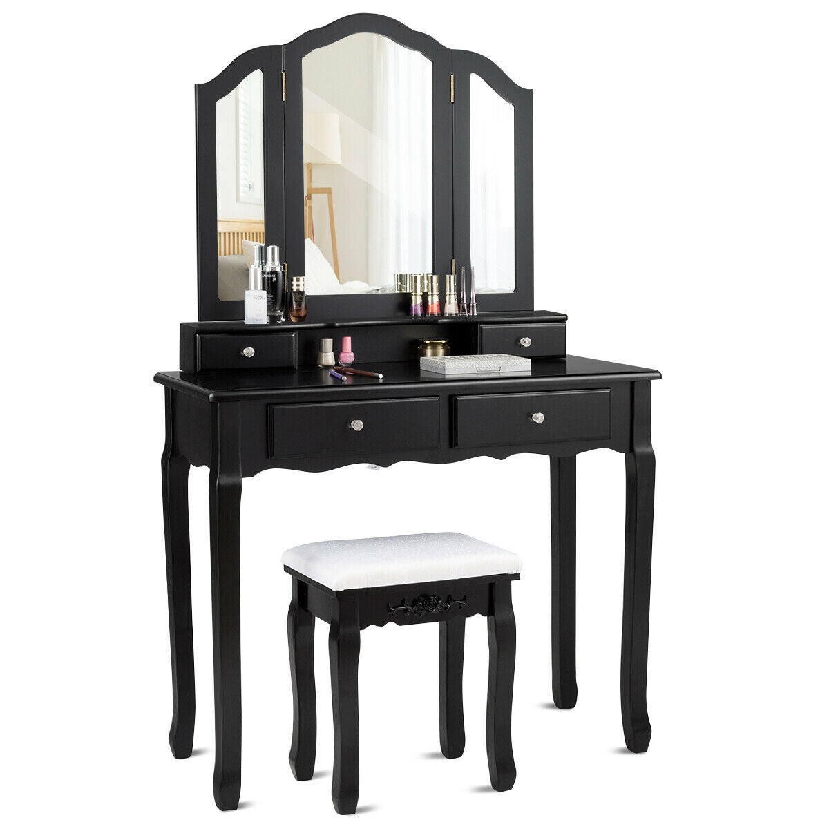 Tri Folding Mirror Vanity Table Stool Set with 4 Drawers and Cushioned Stool-Black