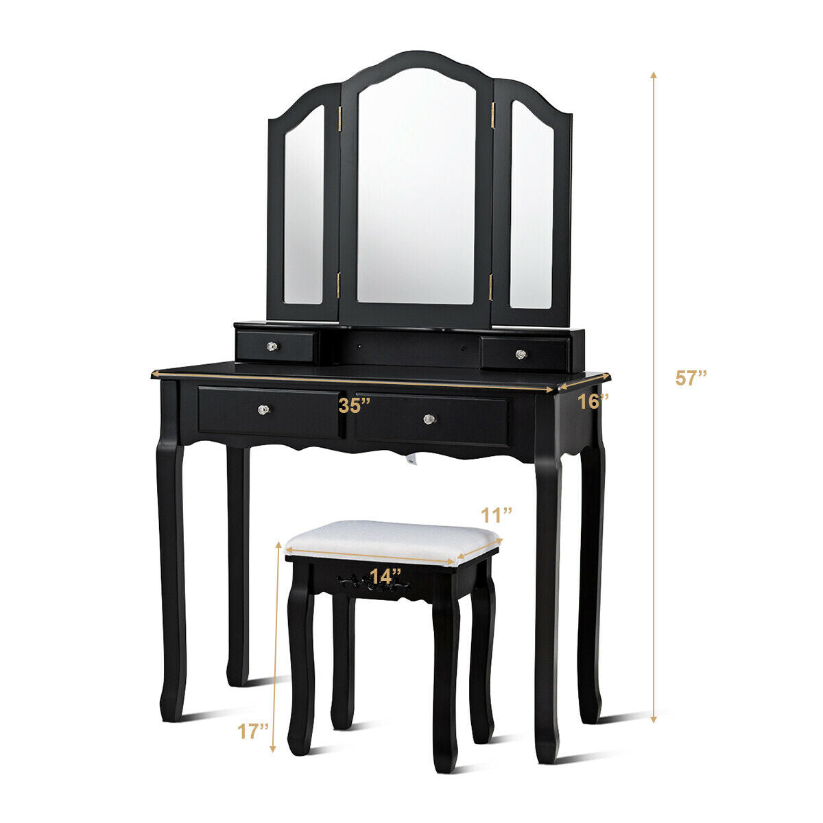 Tri Folding Mirror Vanity Table Stool Set with 4 Drawers and Cushioned Stool-Black