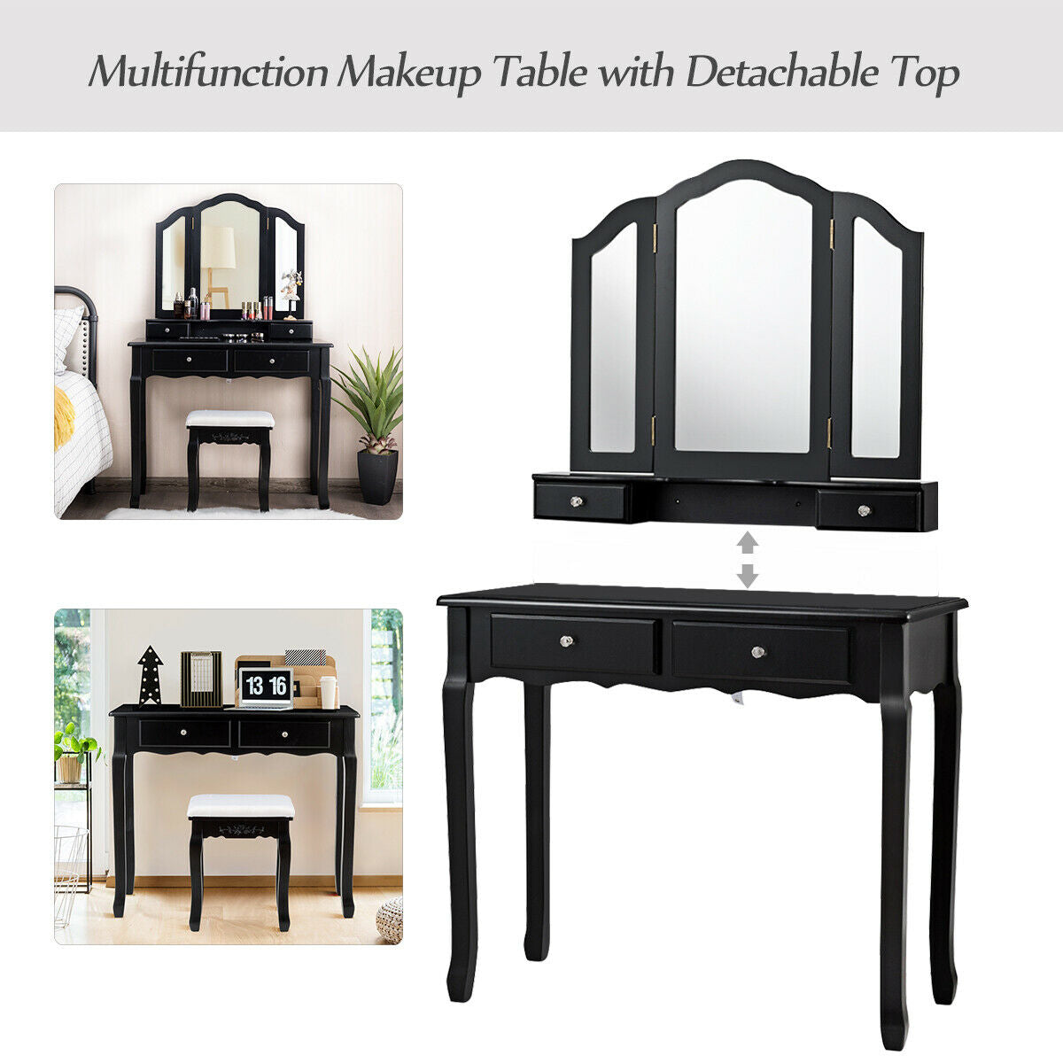 Tri Folding Mirror Vanity Table Stool Set with 4 Drawers and Cushioned Stool-Black