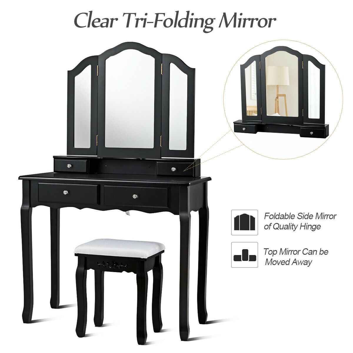 Tri Folding Mirror Vanity Table Stool Set with 4 Drawers and Cushioned Stool-Black