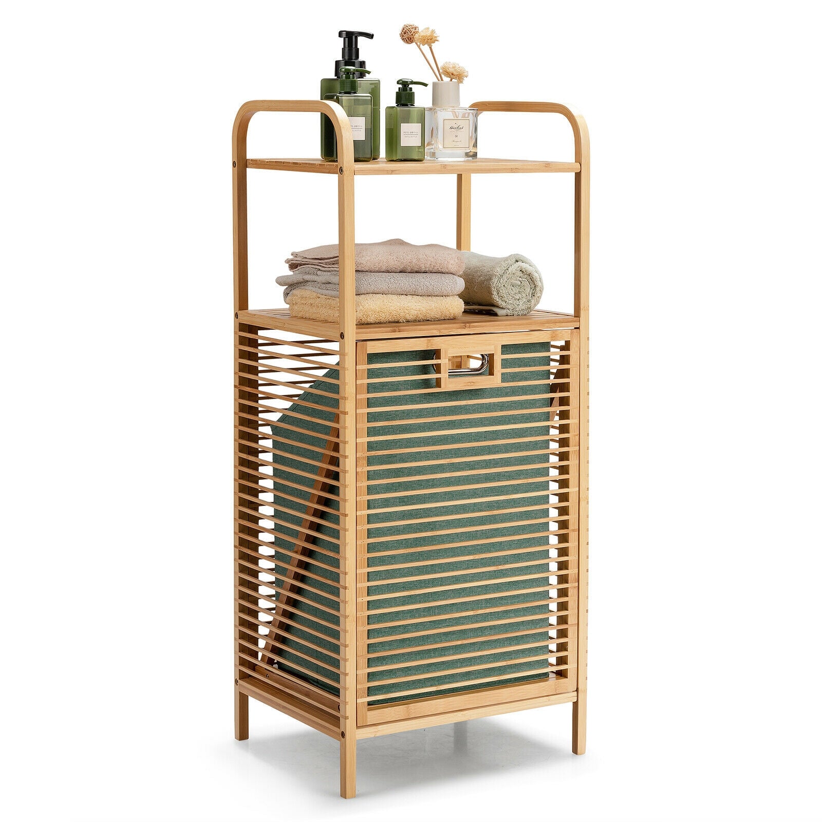 Tilt-out Bamboo Laundry Hamper  with 2-Tier Shelf and Removable Liner-NaturalÂ 