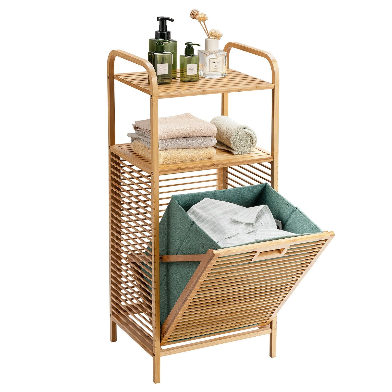 Tilt-out Bamboo Laundry Hamper  with 2-Tier Shelf and Removable Liner-Natural