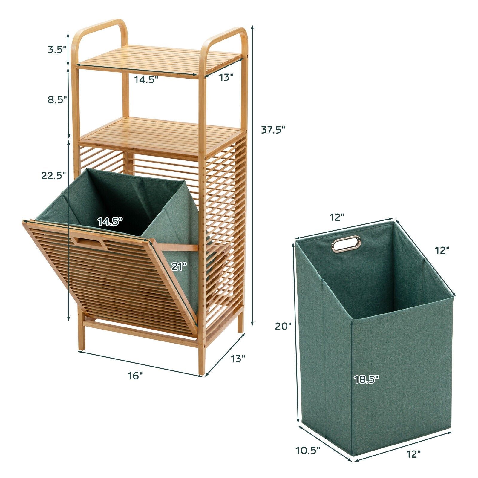 Tilt-out Bamboo Laundry Hamper  with 2-Tier Shelf and Removable Liner-Natural