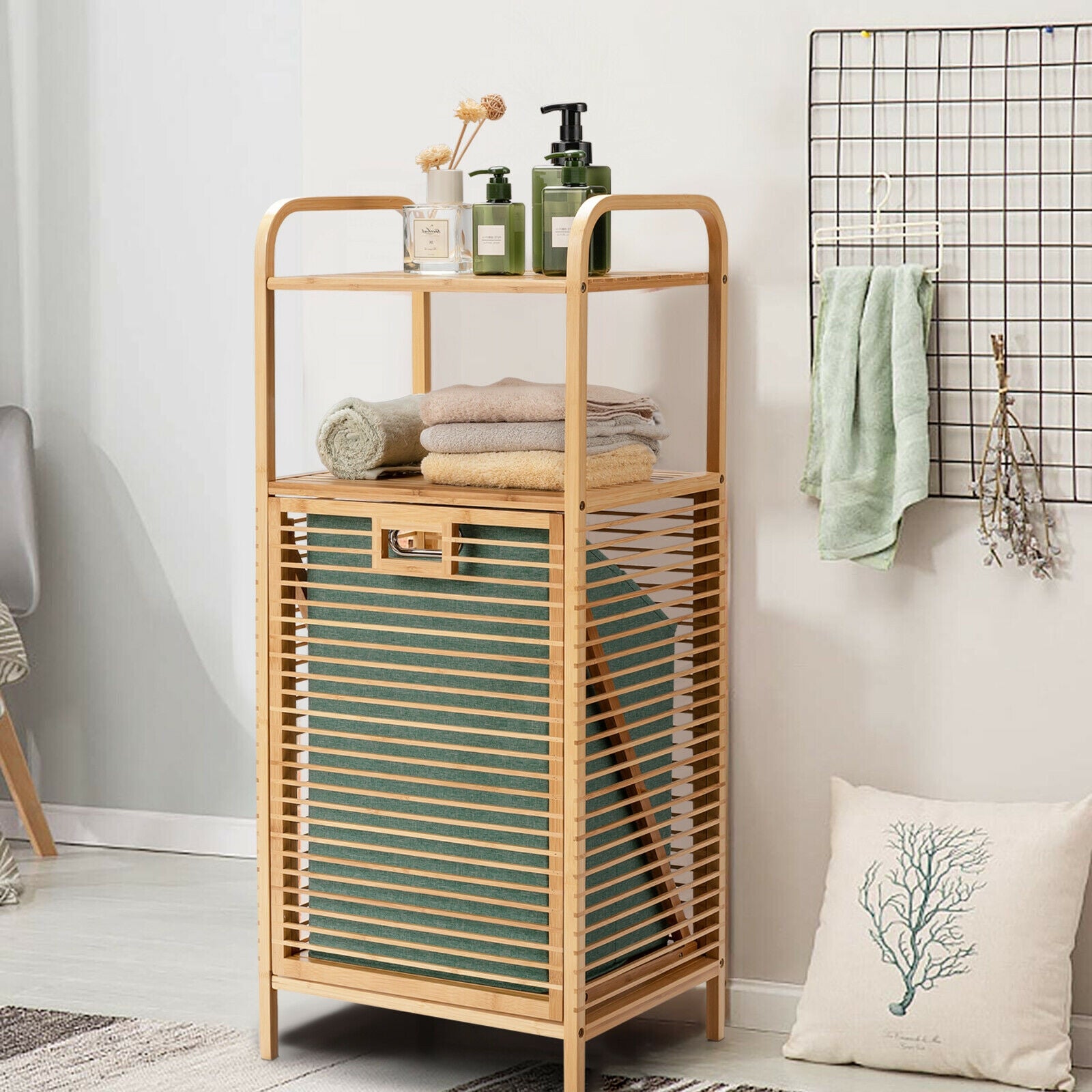 Tilt-out Bamboo Laundry Hamper  with 2-Tier Shelf and Removable Liner-NaturalÂ 