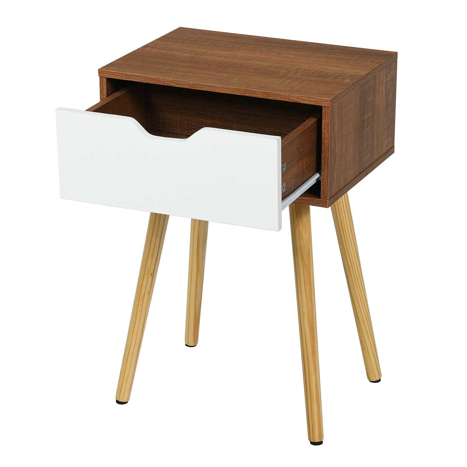 End Side Storage Drawer Nightstand with Solid Wooden Leg