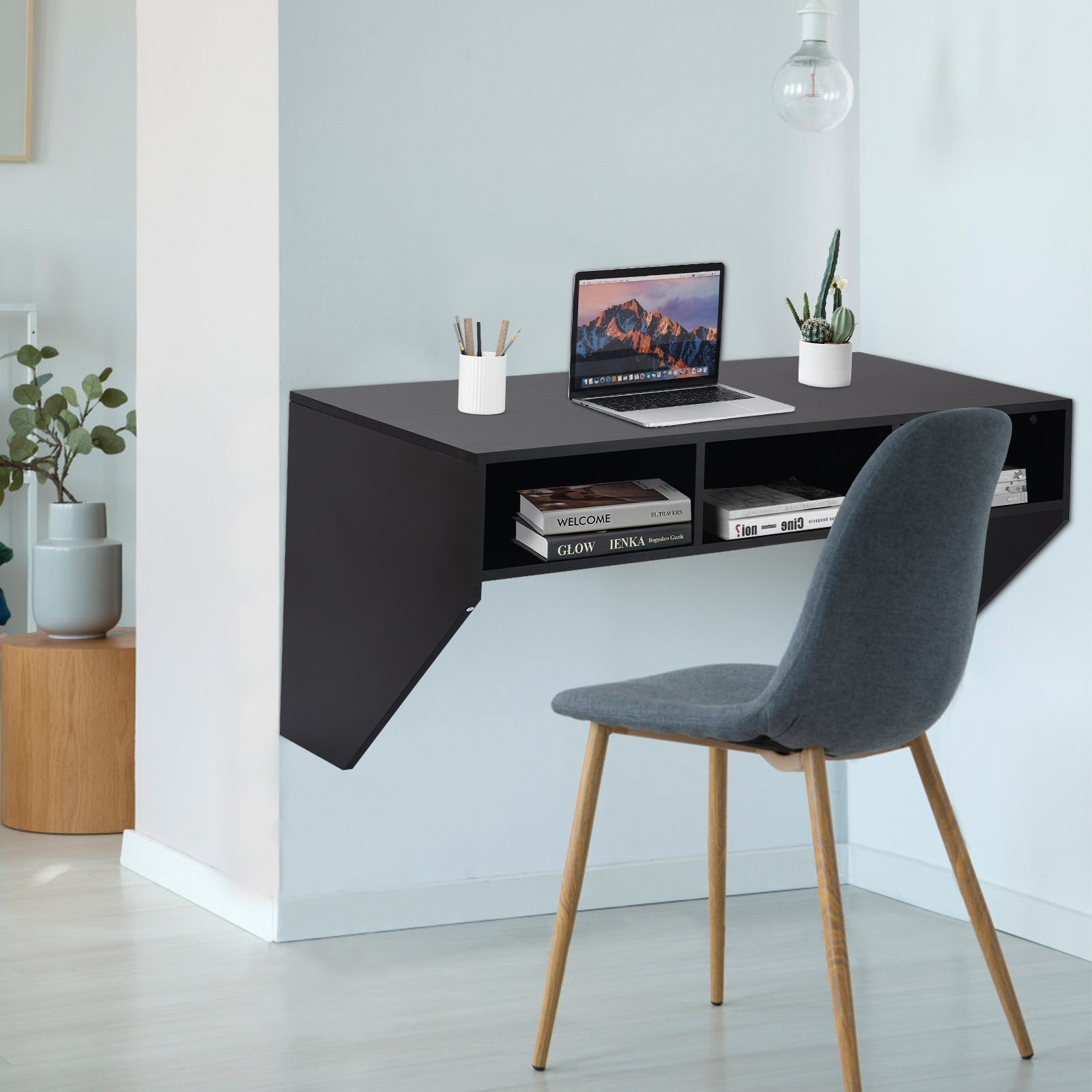 Wall Mounted Floating Sturdy Computer Table with Storage Shelf-Black