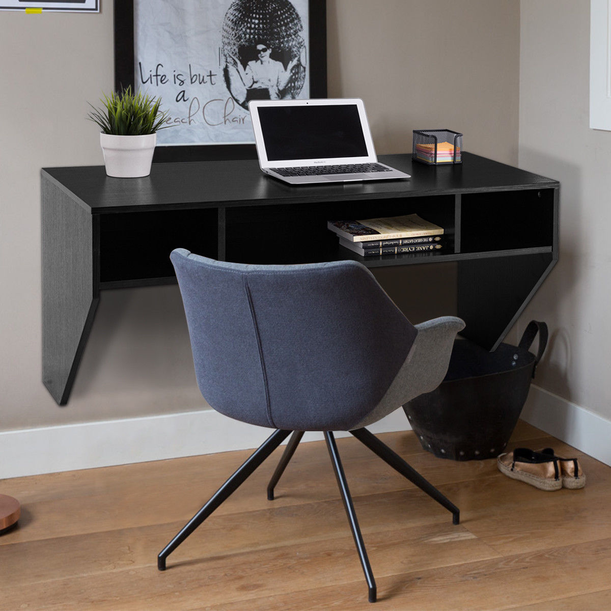 Wall Mounted Floating Sturdy Computer Table with Storage Shelf-Black