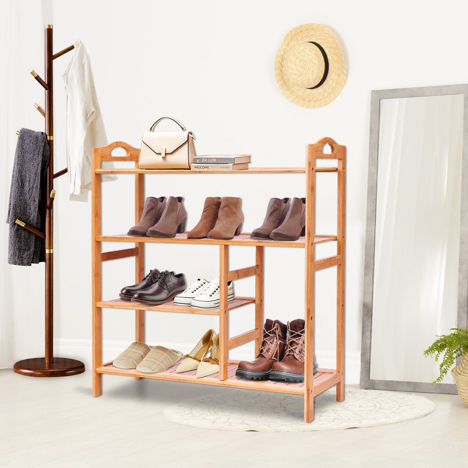 4 Tiers Multifunction Bamboo Storage Shoe Rack for Entryway Hallway