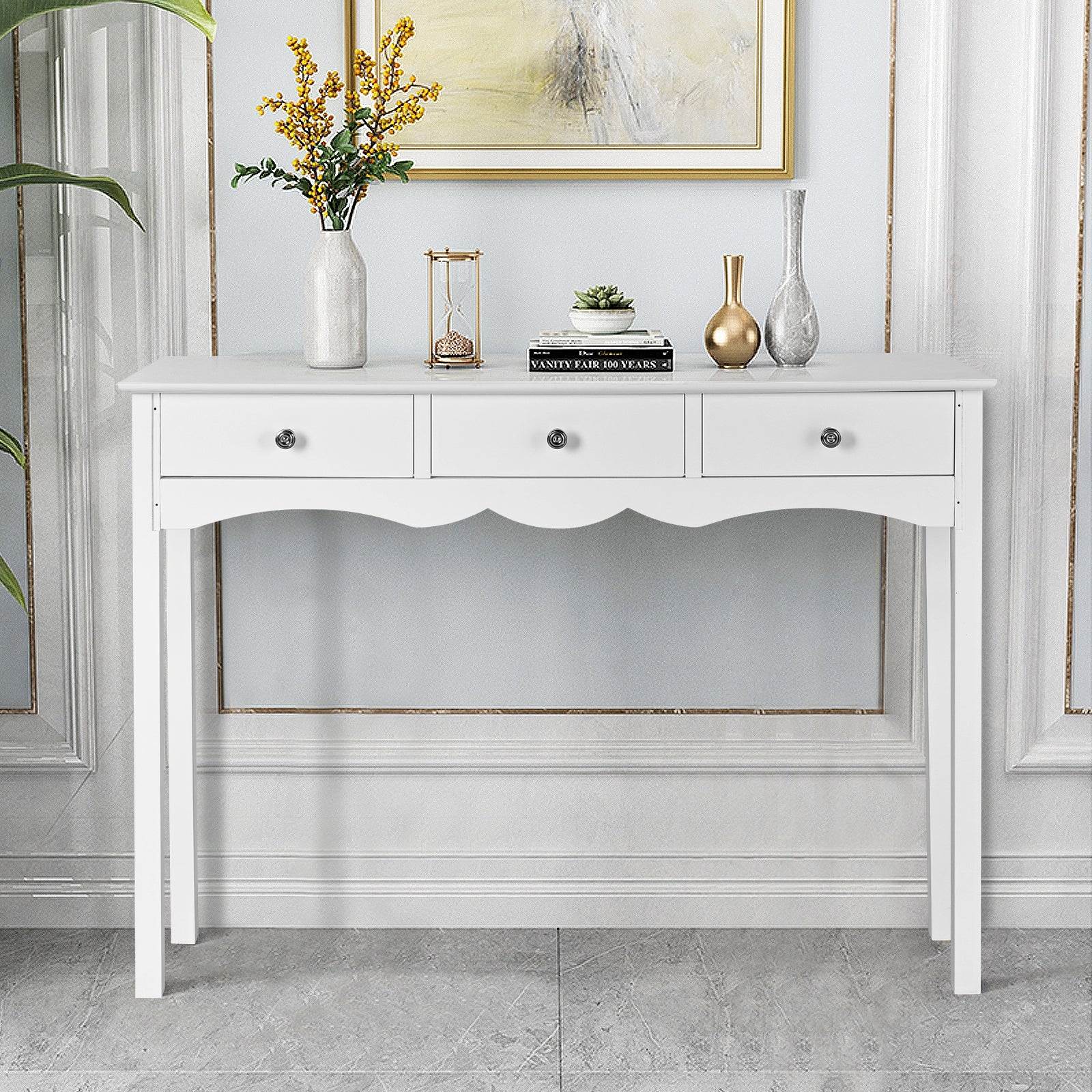 Side Sofa Table with Storage 3-Drawers-White