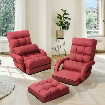 Folding Lazy Floor Chair Sofa with Armrests and Pillow-RedÂ 