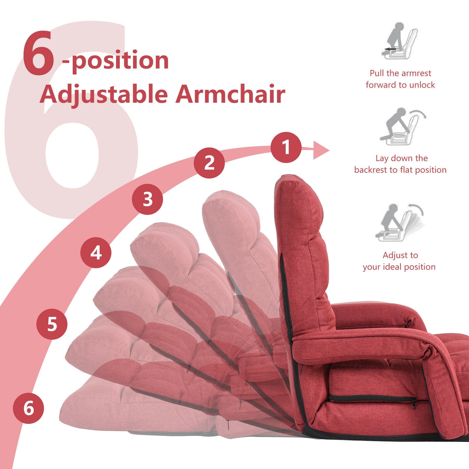 Folding Lazy Floor Chair Sofa with Armrests and Pillow-Red