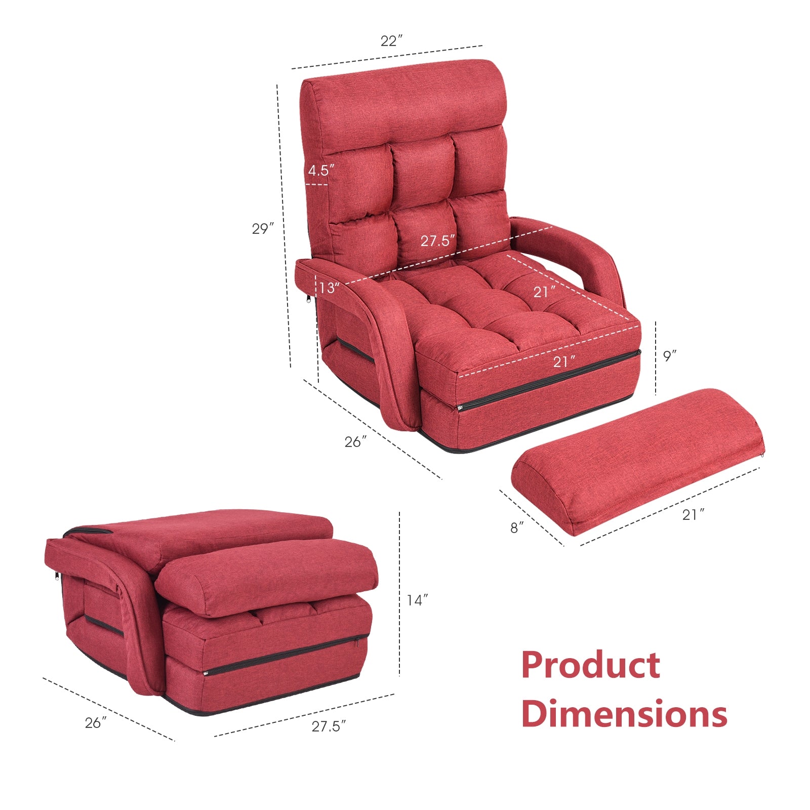 Folding Lazy Floor Chair Sofa with Armrests and Pillow-Red