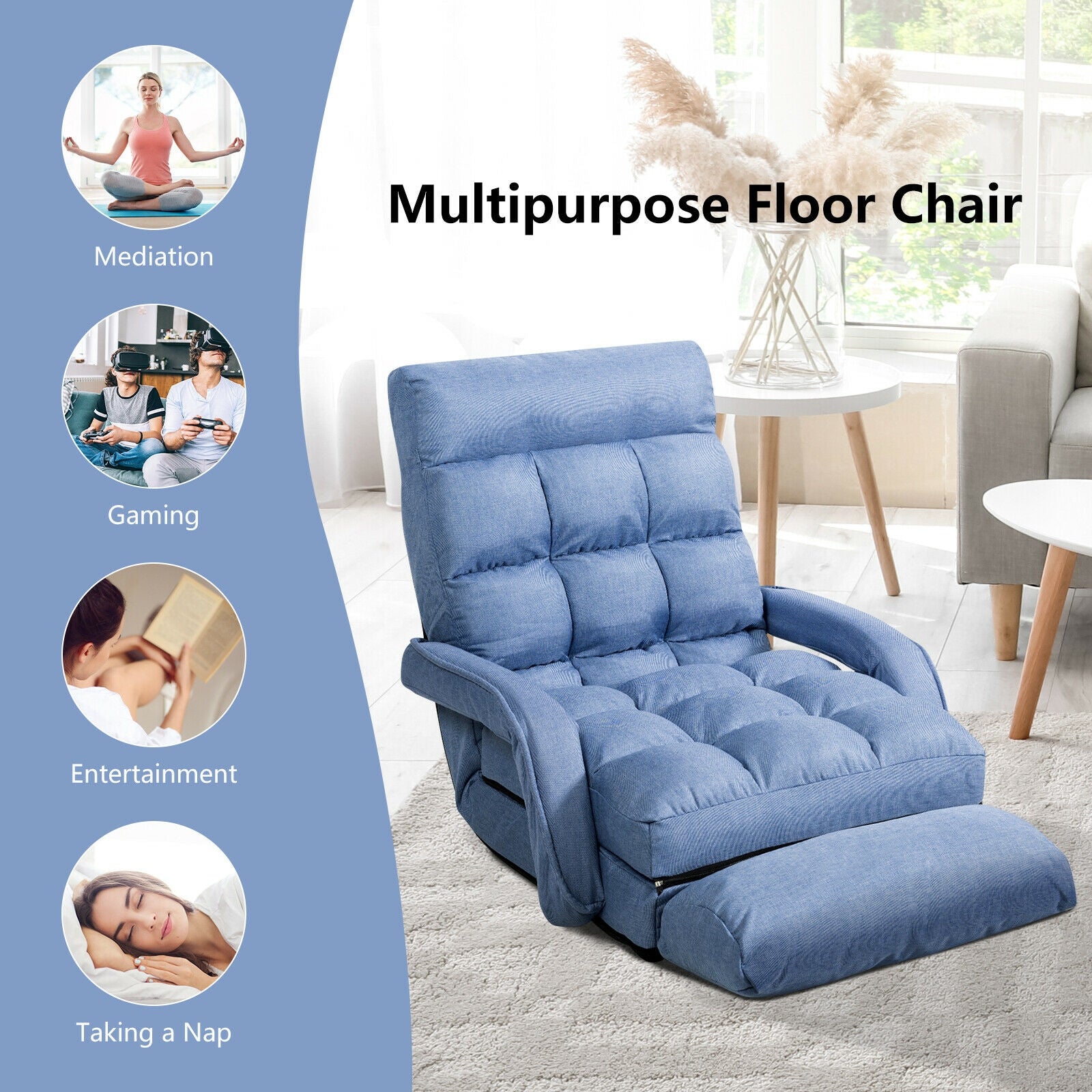 Folding Lazy Floor Chair Sofa with Armrests and Pillow-Blue