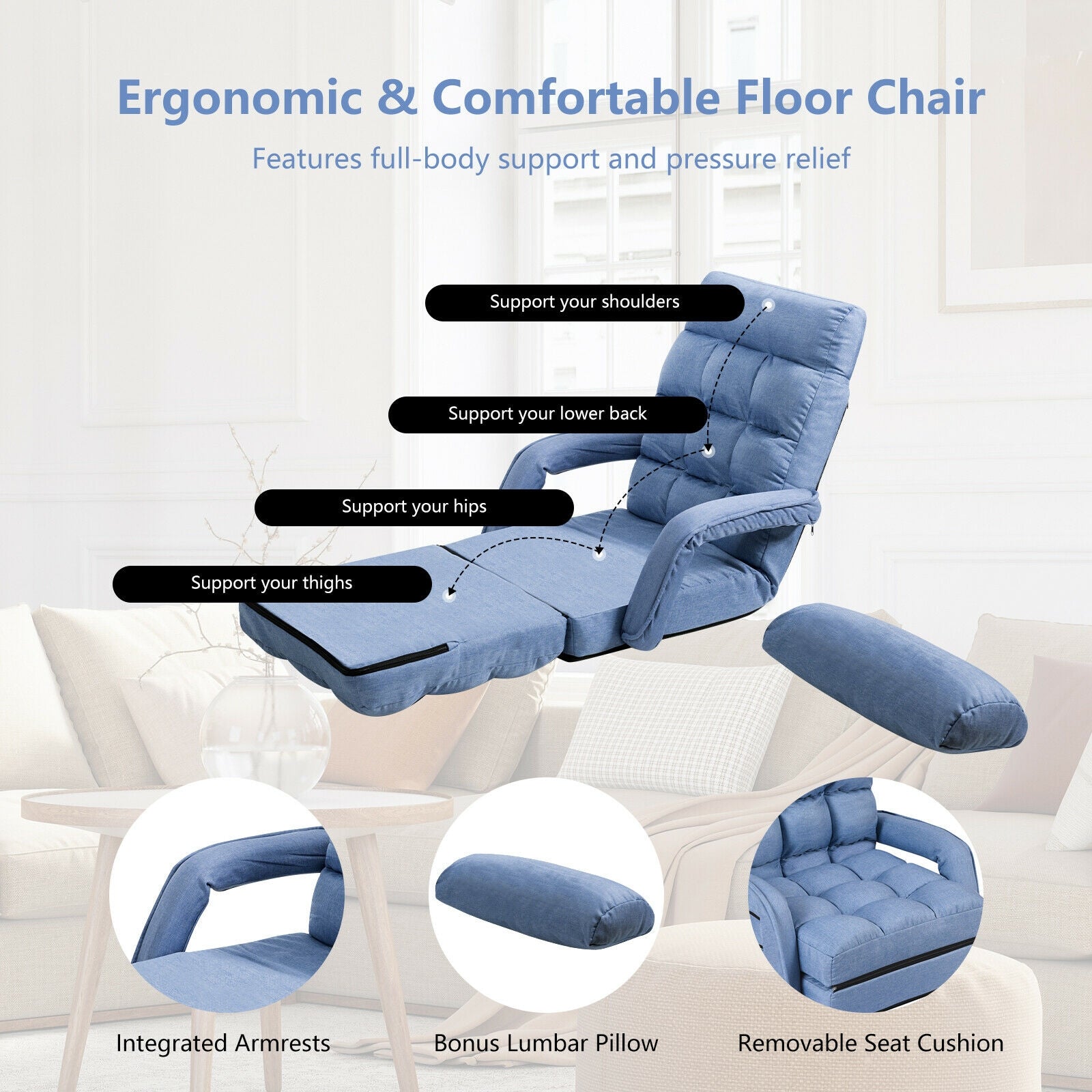 Folding Lazy Floor Chair Sofa with Armrests and Pillow-Blue