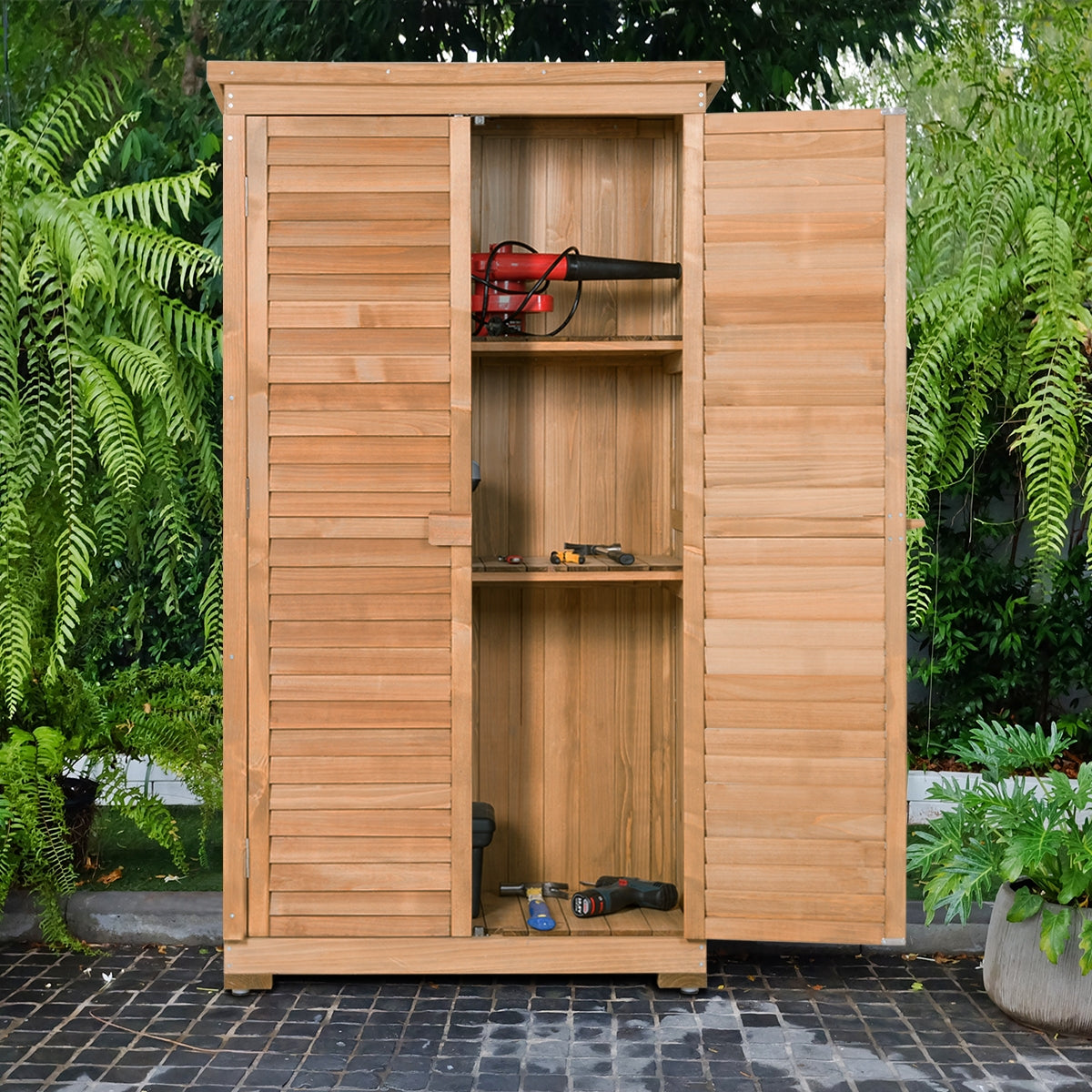 63 Inch Tall Wooden Garden Storage Shed in Shutter DesignÂ 