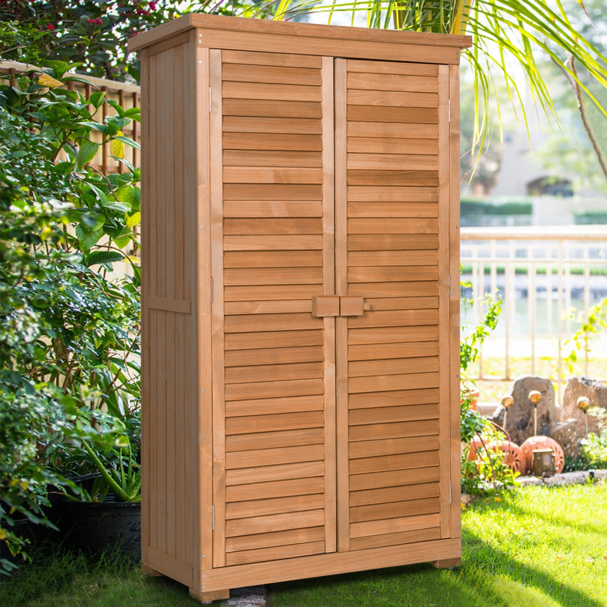 63 Inch Tall Wooden Garden Storage Shed in Shutter DesignÂ 