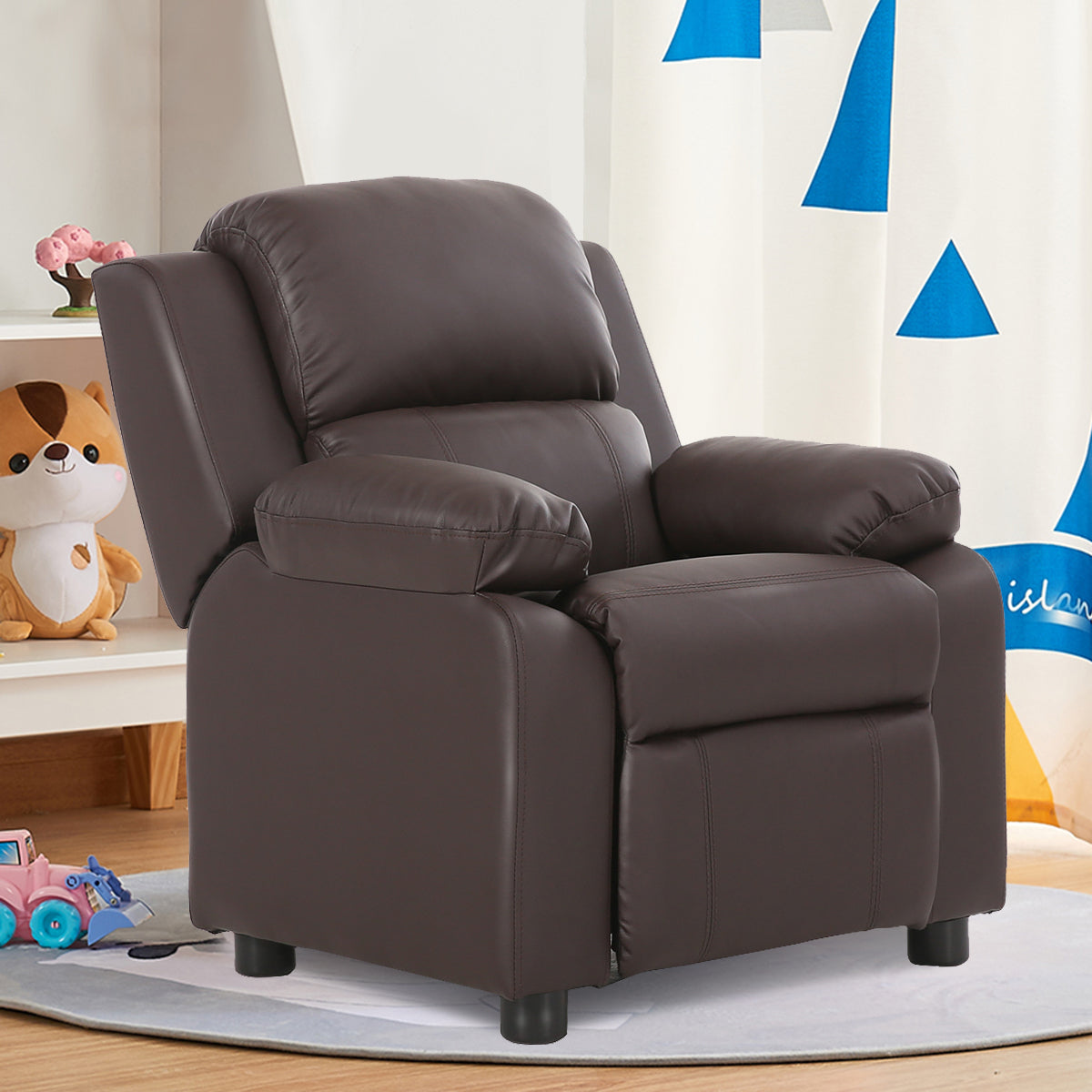 ceshi-Deluxe Padded Kids Sofa Armchair Recliner Headrest Children w/ Storage Arm Brown