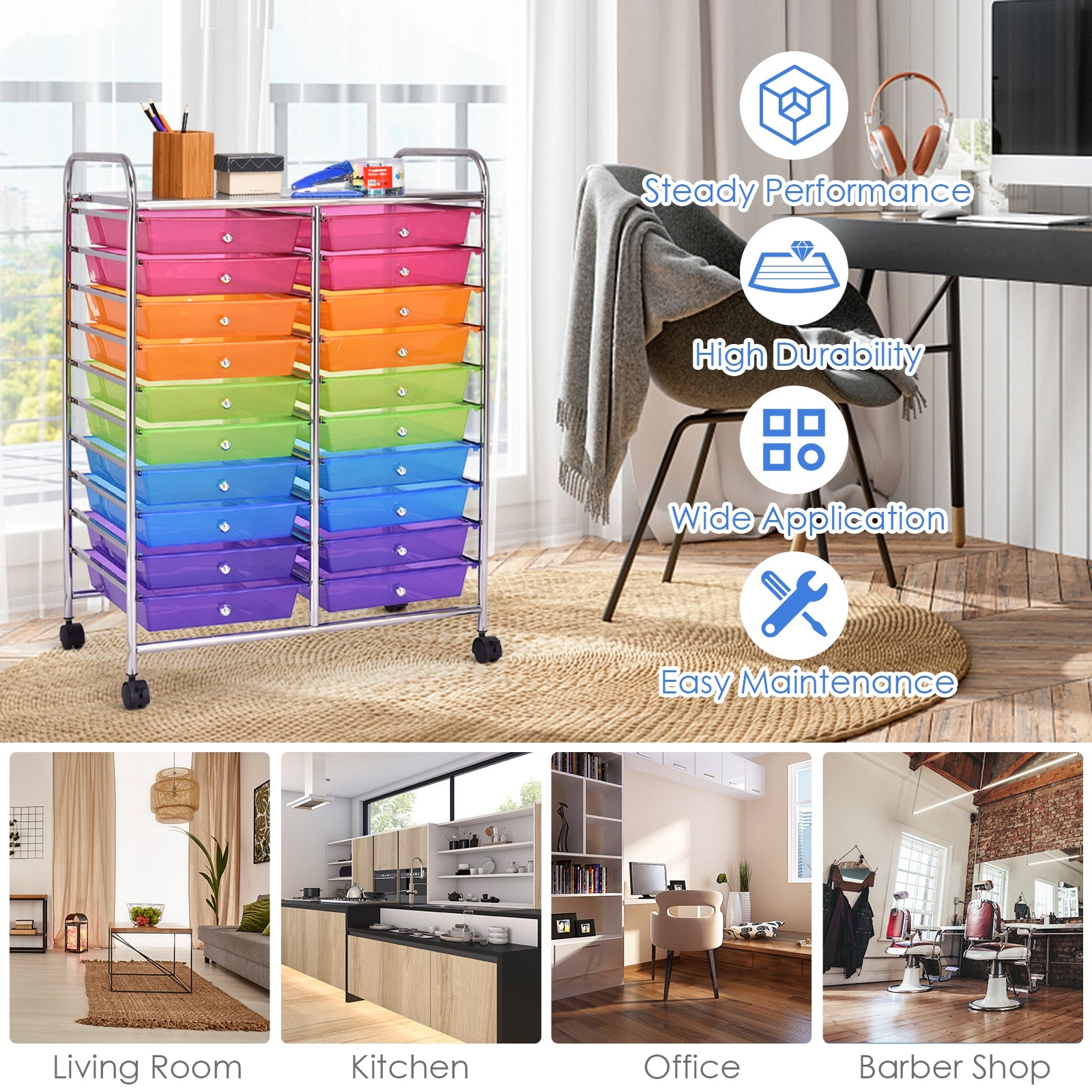 20 Drawers Storage Rolling Cart Studio Organizer-Multicolor