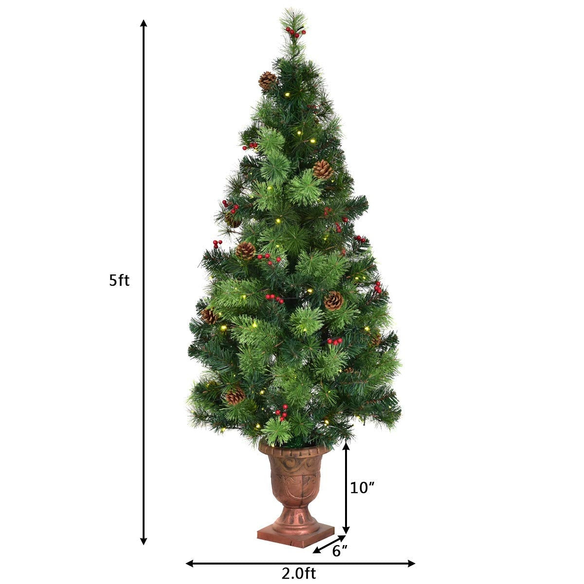 3/4/5 Feet LED Christmas Tree with Red Berries Pine Cones-5 ft