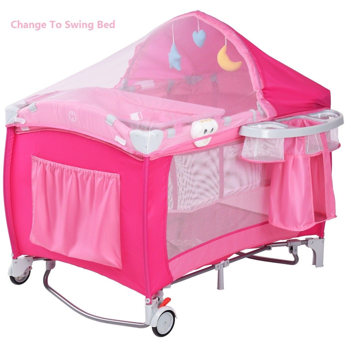 Foldable Baby Crib Playpen w/ Mosquito Net and Bag-Pink