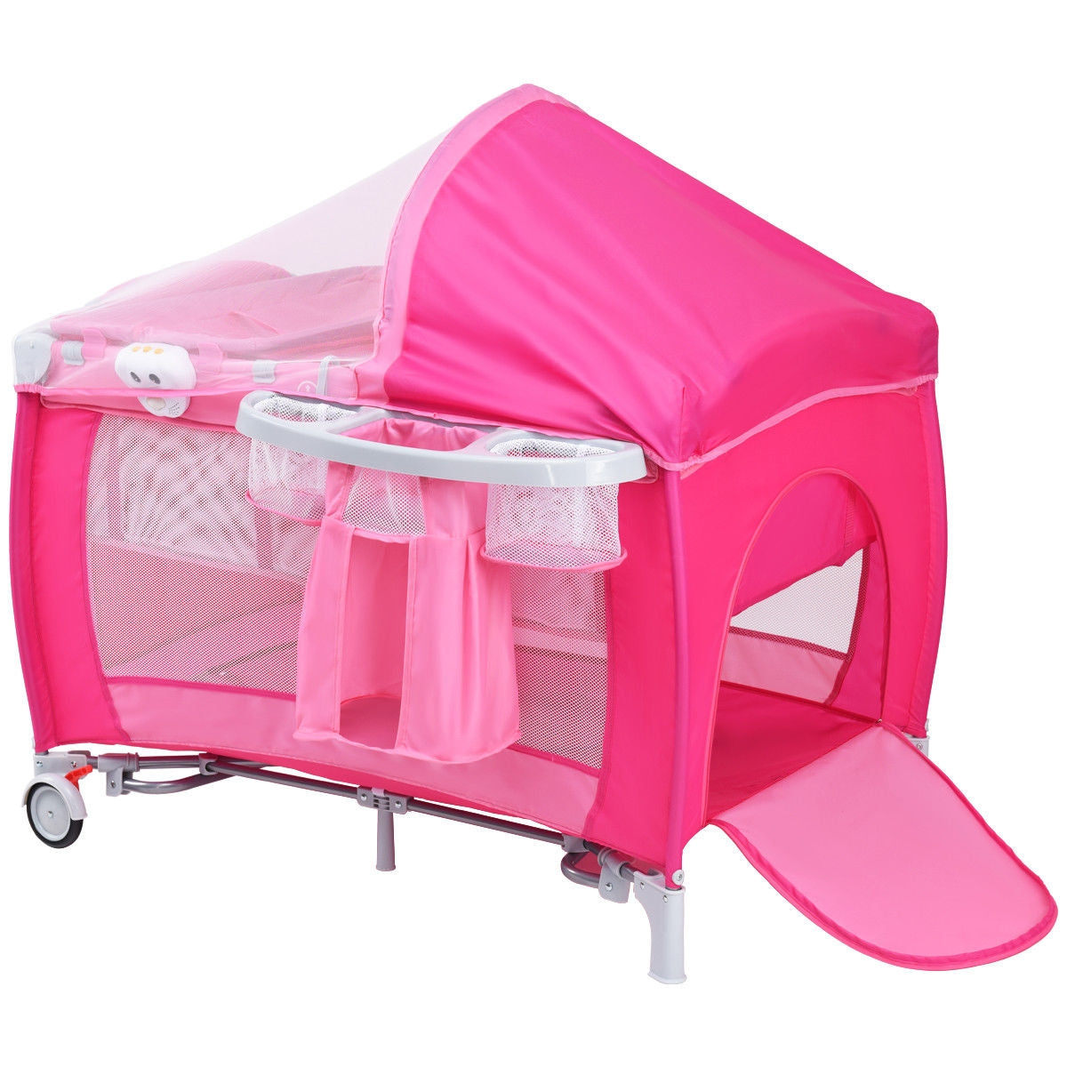 Foldable Baby Crib Playpen w/ Mosquito Net and Bag-Pink