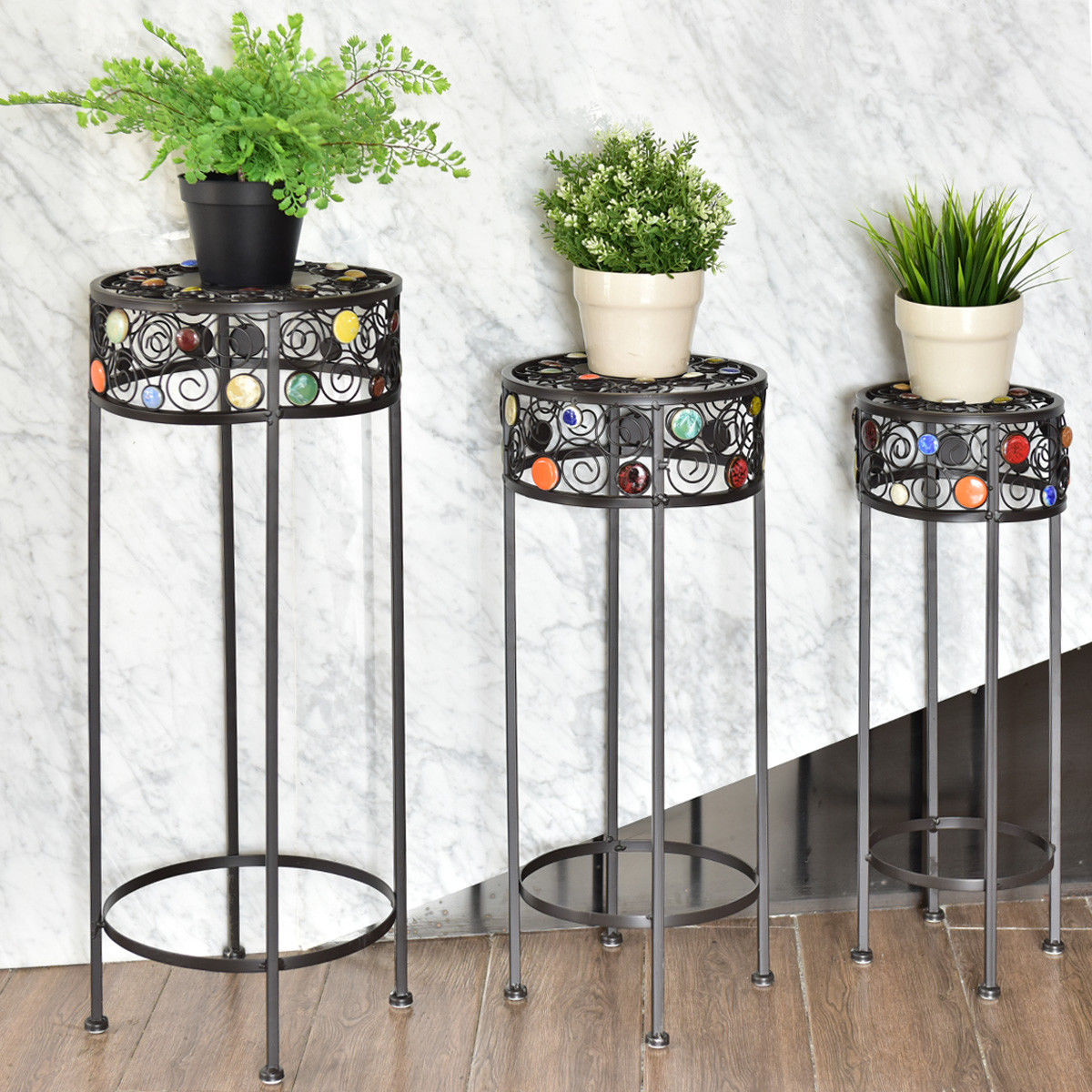 3 Pieces Round Display Ceramic Beads Metal Plant Stand