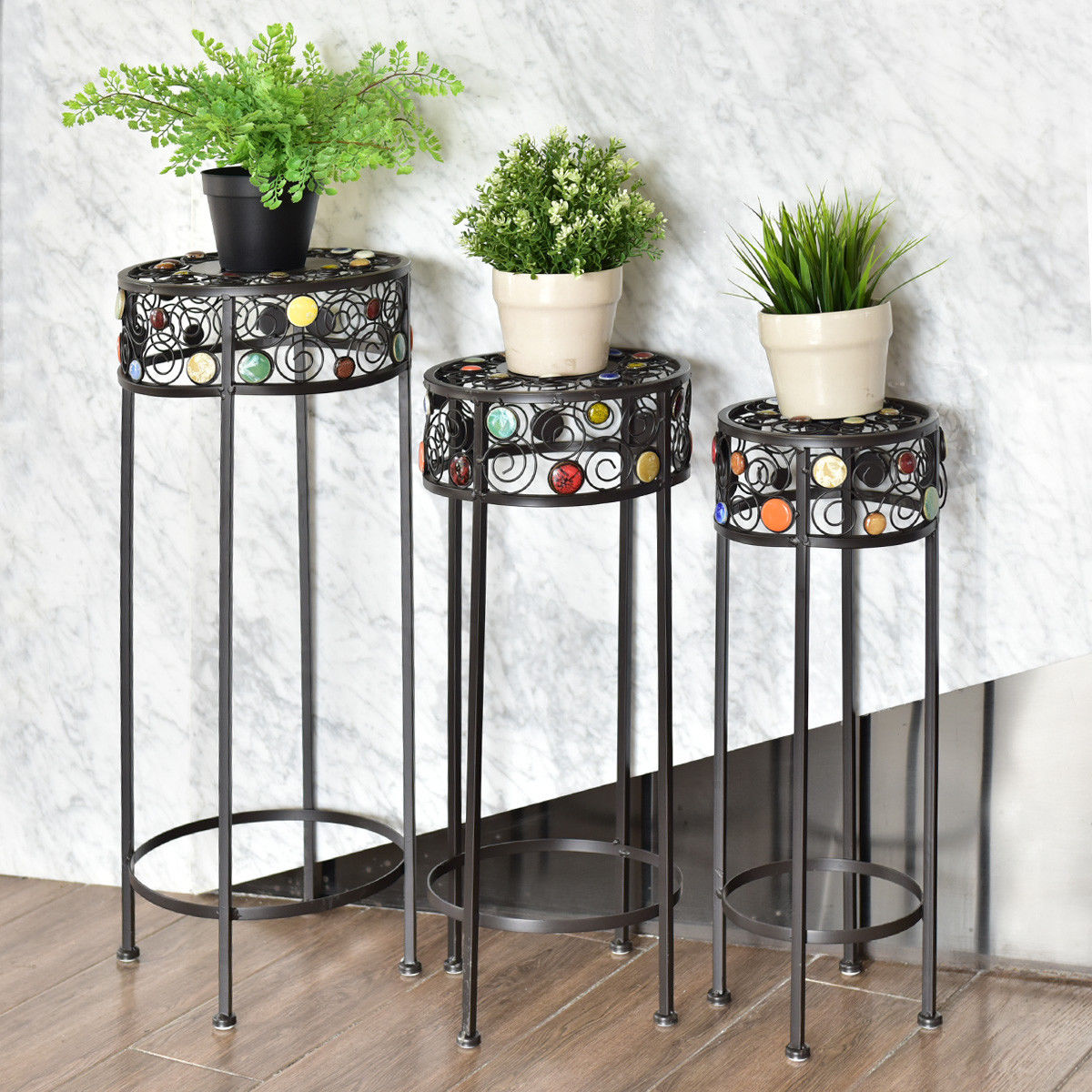 3 Pieces Round Display Ceramic Beads Metal Plant Stand