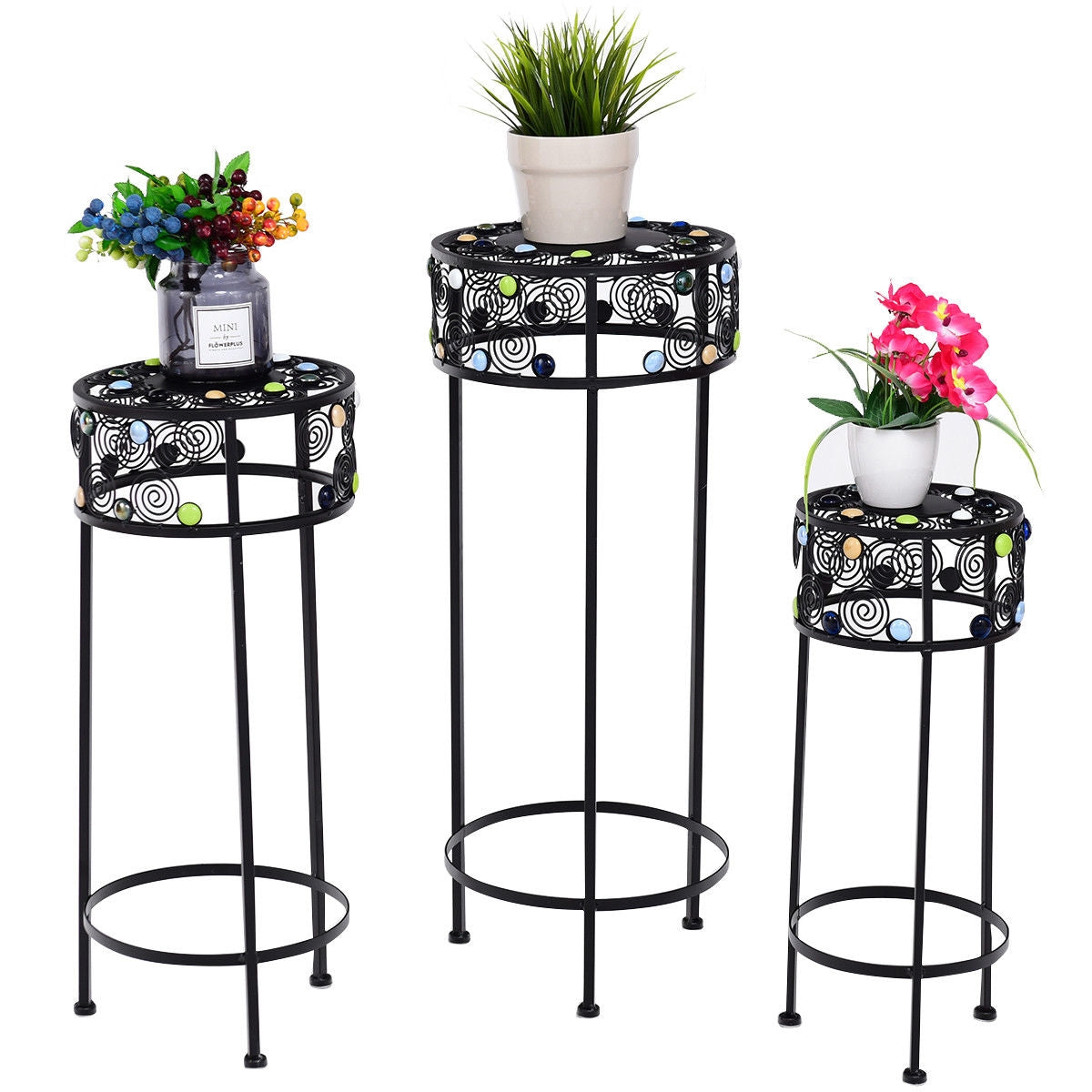 3 Pieces Round Display Ceramic Beads Metal Plant Stand