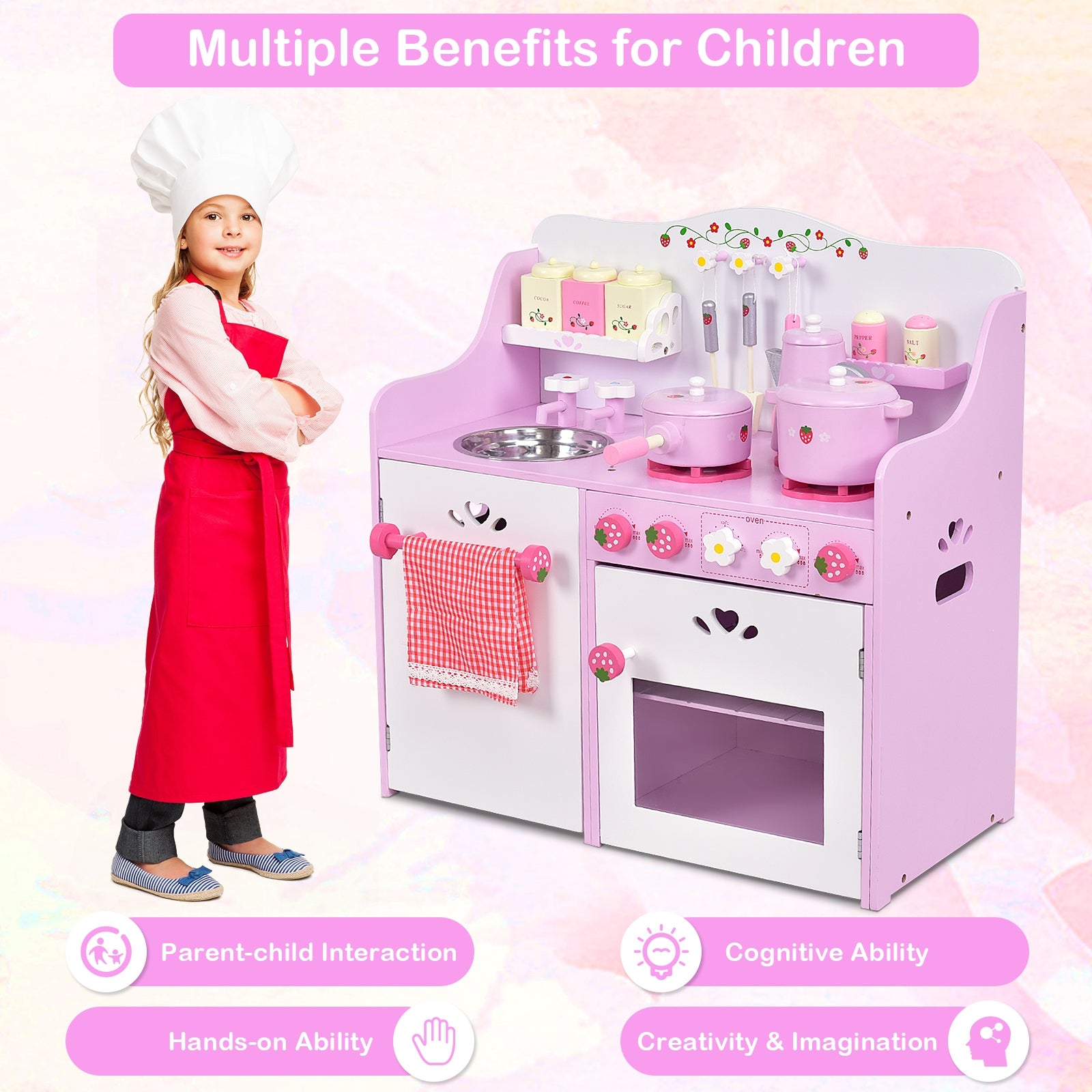 Kids Wooden Kitchen Toy Strawberry Pretend Cooking Playset