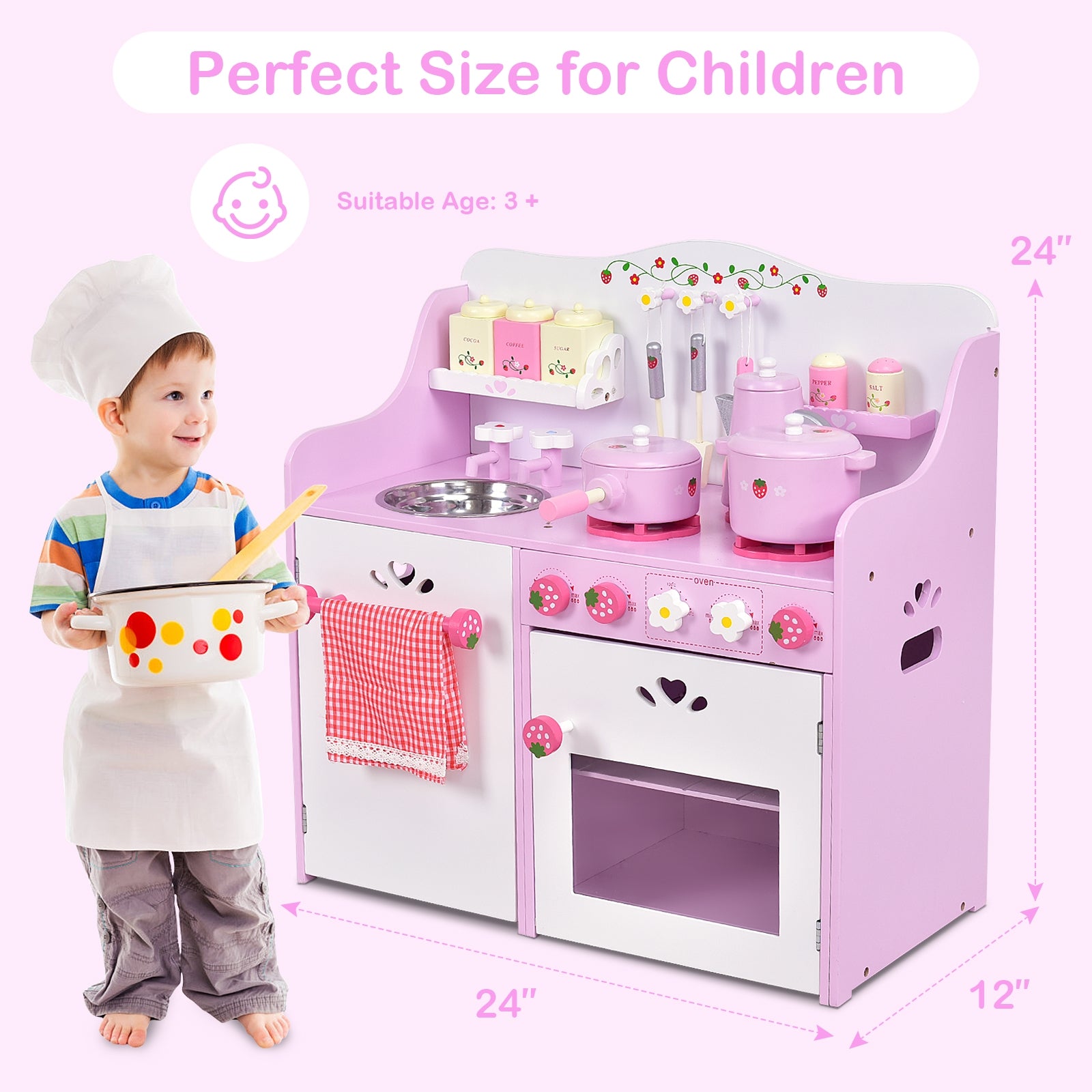 Kids Wooden Kitchen Toy Strawberry Pretend Cooking Playset