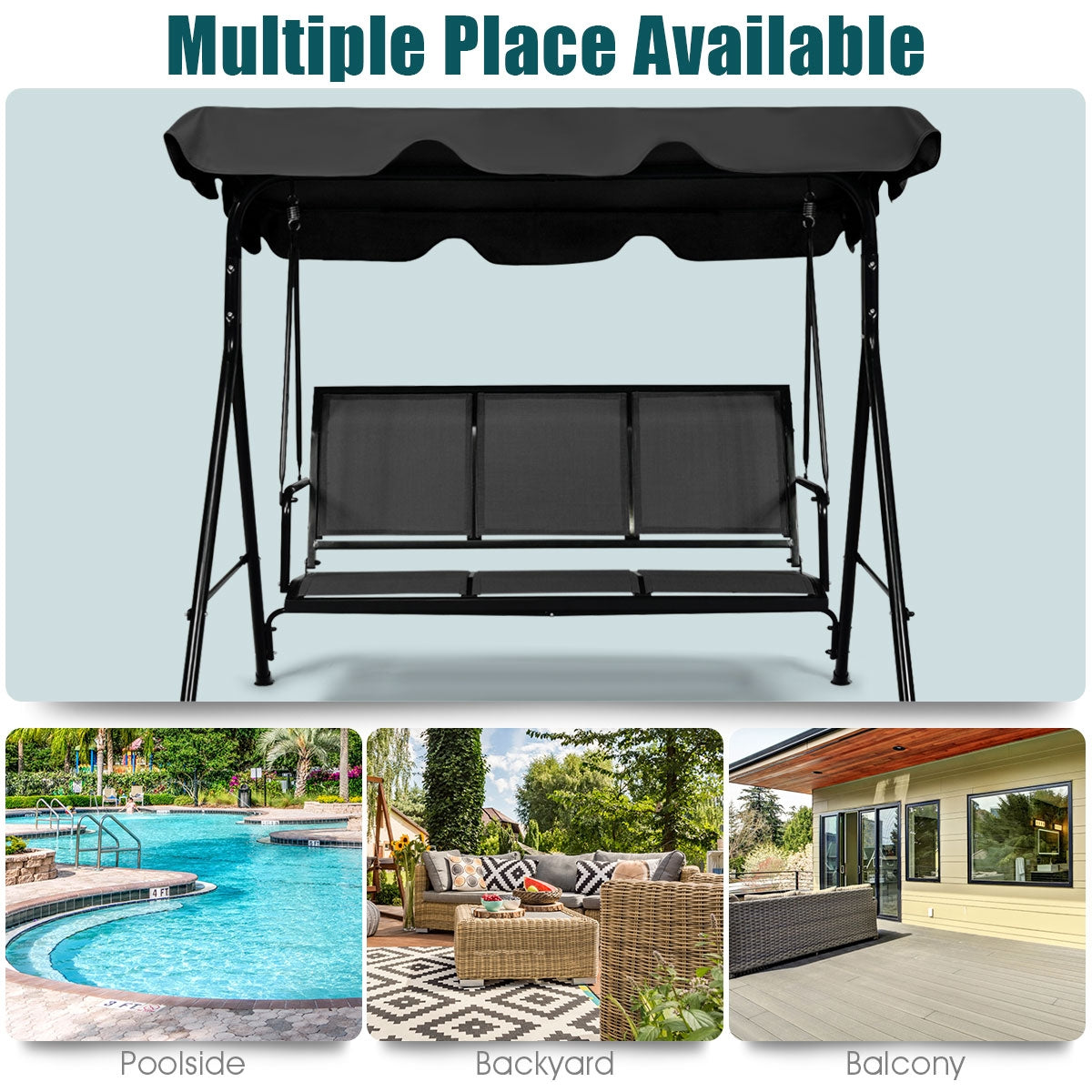 Outdoor Patio Swing Canopy 3 Person Canopy Swing Chair-BlackÂ 