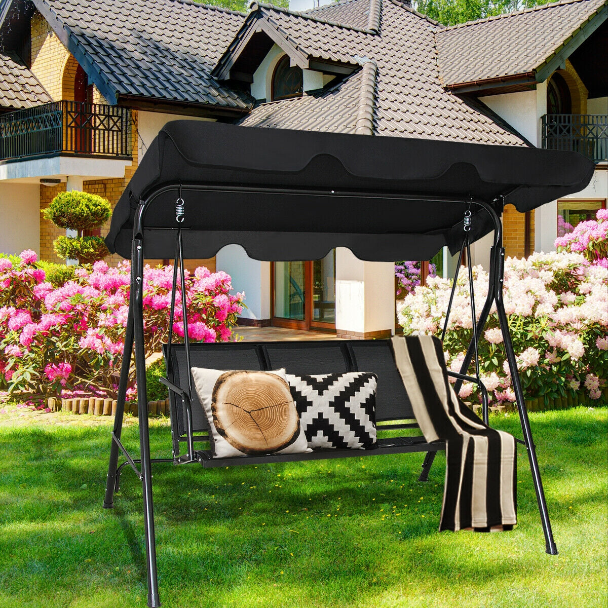 Outdoor Patio Swing Canopy 3 Person Canopy Swing Chair-BlackÂ 