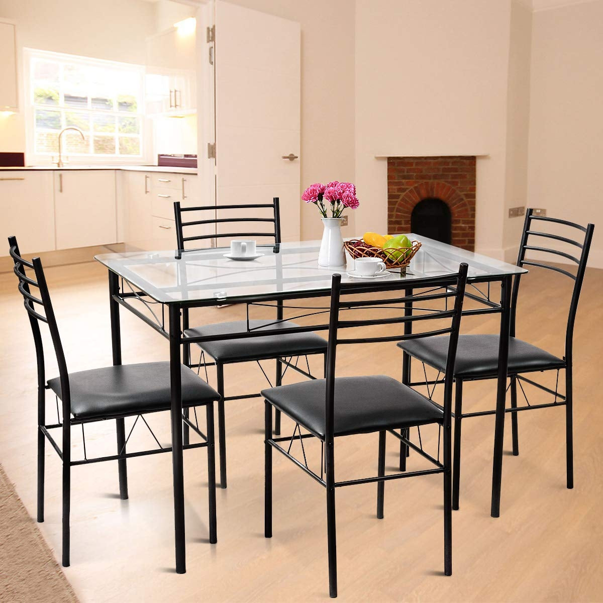 5 Pieces Dining Set with Tempered Glass Top Table and 4 Upholstered ChairsÂ 