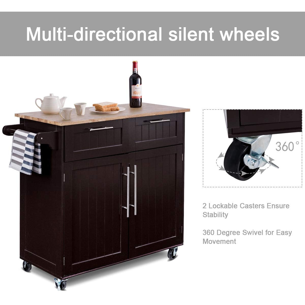 Heavy Duty Rolling Kitchen Cart with Tower Holder and Drawer-Brown