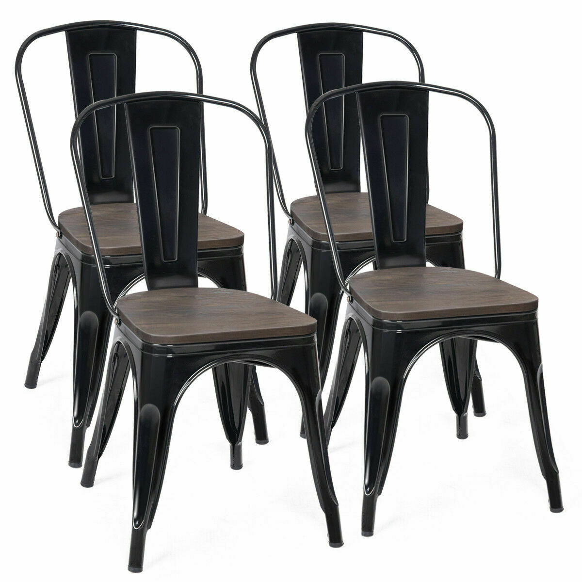 18 Inch Height Set of 4 Stackable Style Metal Wood Dining Chair-BlackÂ 