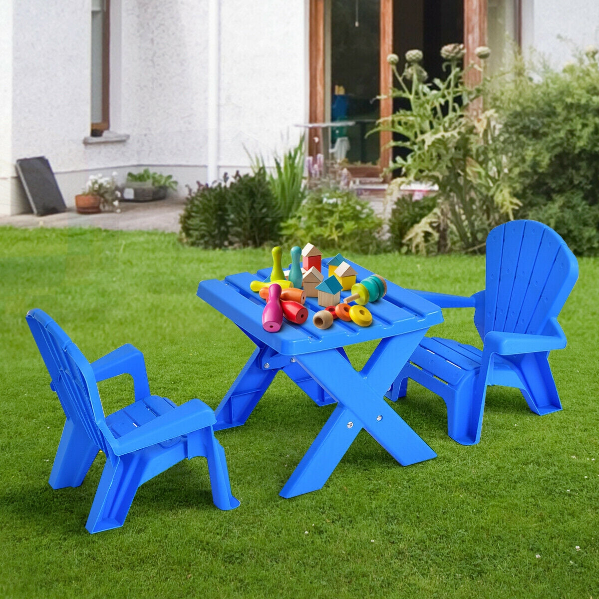 3-Piece Plastic Children Table Chair Set-Blue